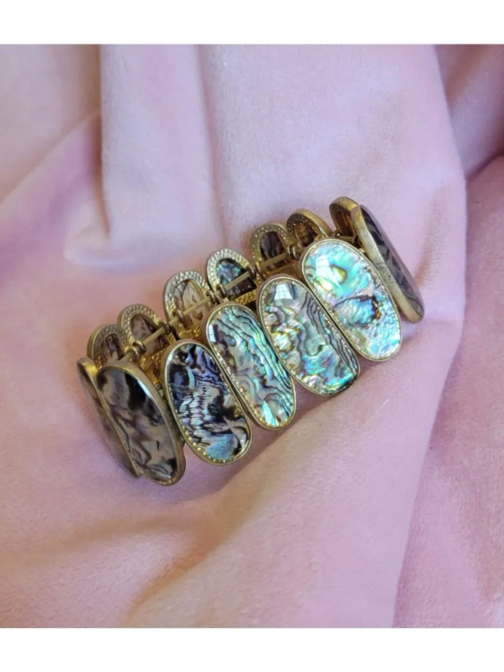 Signed Rosa Flores Gold Tone Blue Abalone Shell Stretchy Statement Bracelet B1A